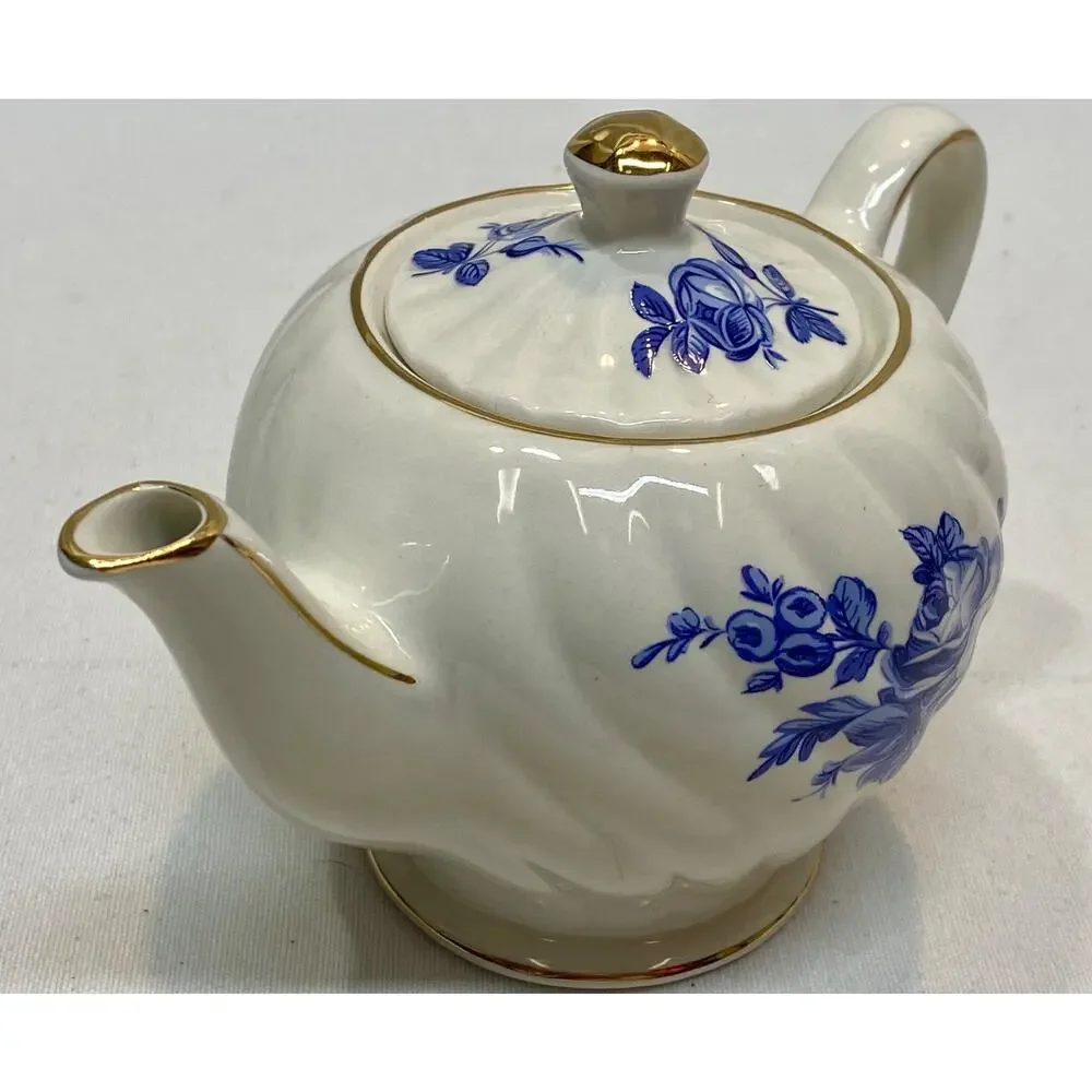 Windsor England Blue White Floral Teapot Individual Size Gold Trim